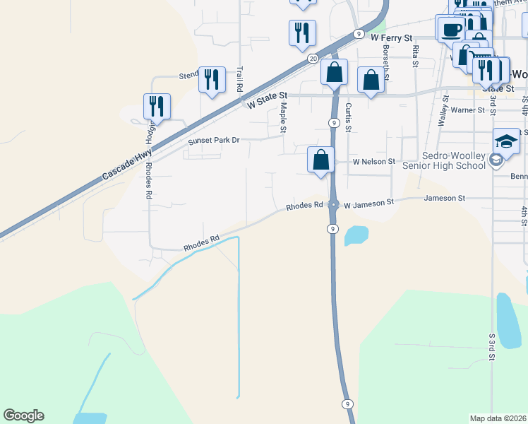 map of restaurants, bars, coffee shops, grocery stores, and more near 734 Rhodes Road in Sedro-Woolley