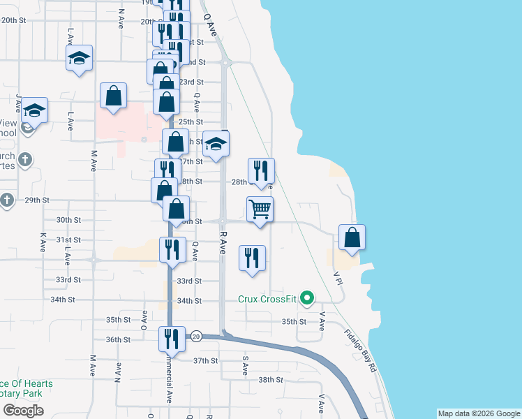 map of restaurants, bars, coffee shops, grocery stores, and more near 2900 T Avenue in Anacortes