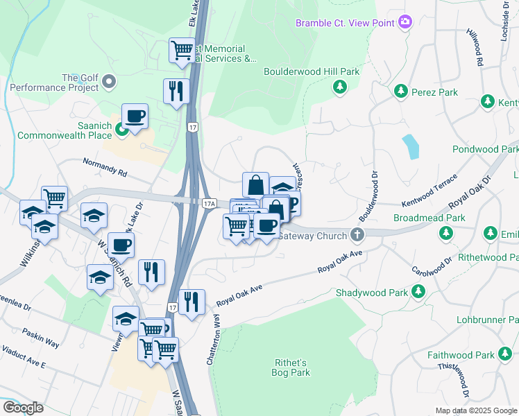 map of restaurants, bars, coffee shops, grocery stores, and more near 4609 Falaise Drive in Victoria