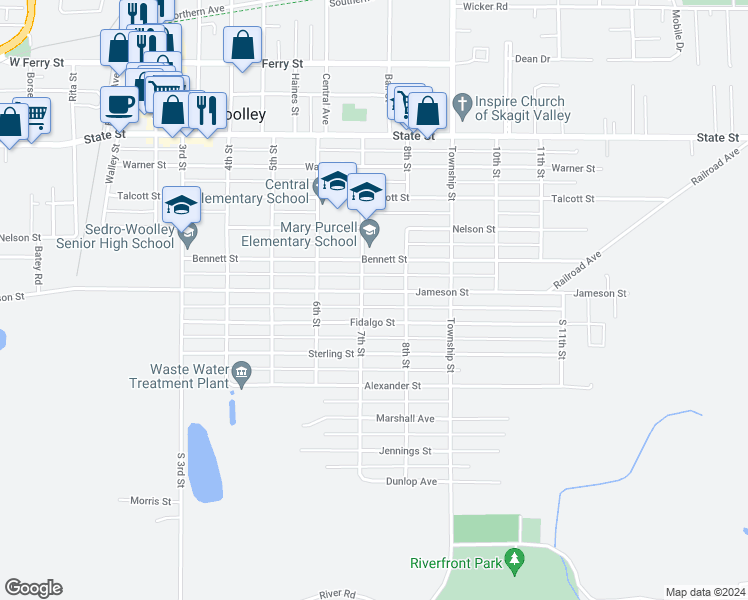 map of restaurants, bars, coffee shops, grocery stores, and more near 711 Jameson Street in Sedro-Woolley