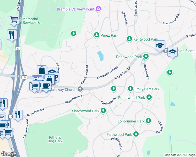 map of restaurants, bars, coffee shops, grocery stores, and more near 941 Kentwood Terrace in Victoria