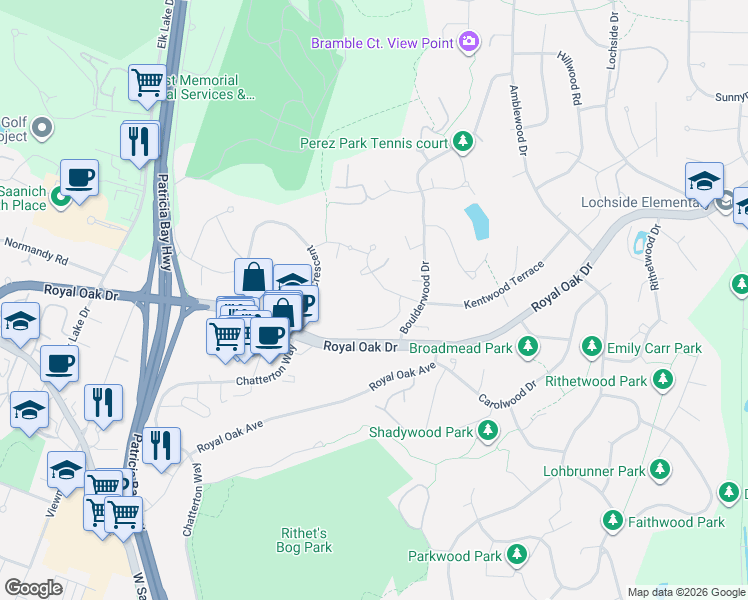 map of restaurants, bars, coffee shops, grocery stores, and more near 886 Kentwood Lane in Victoria