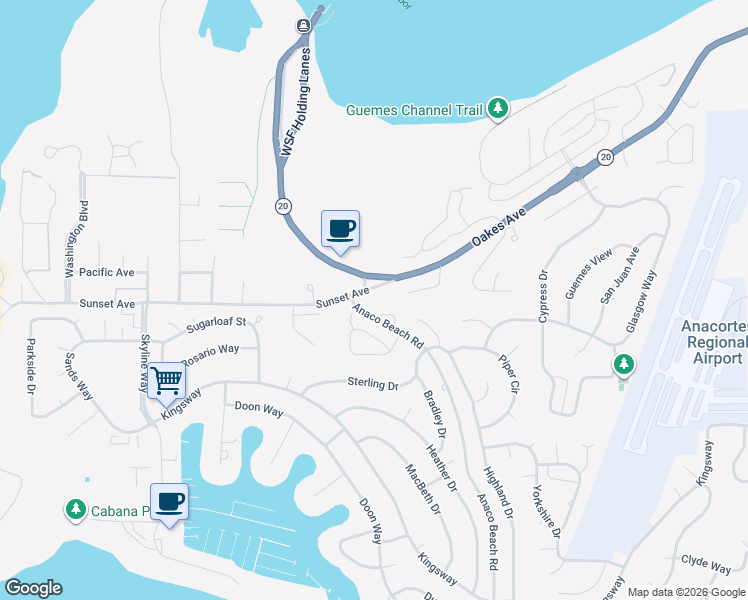 map of restaurants, bars, coffee shops, grocery stores, and more near 5113 Sunset Avenue in Anacortes