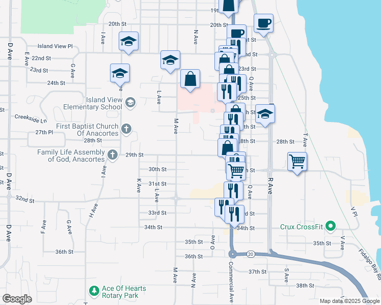 map of restaurants, bars, coffee shops, grocery stores, and more near 1210 29th Street in Anacortes