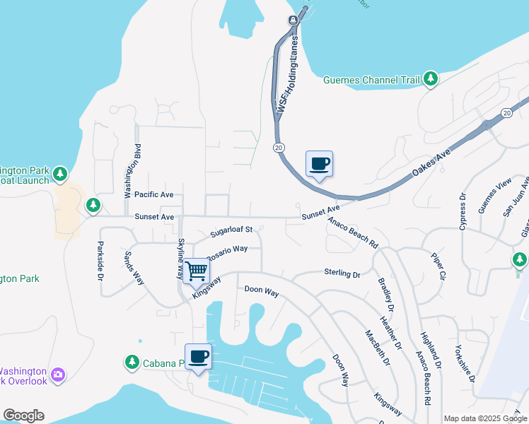 map of restaurants, bars, coffee shops, grocery stores, and more near 5516 Sunset Avenue in Anacortes