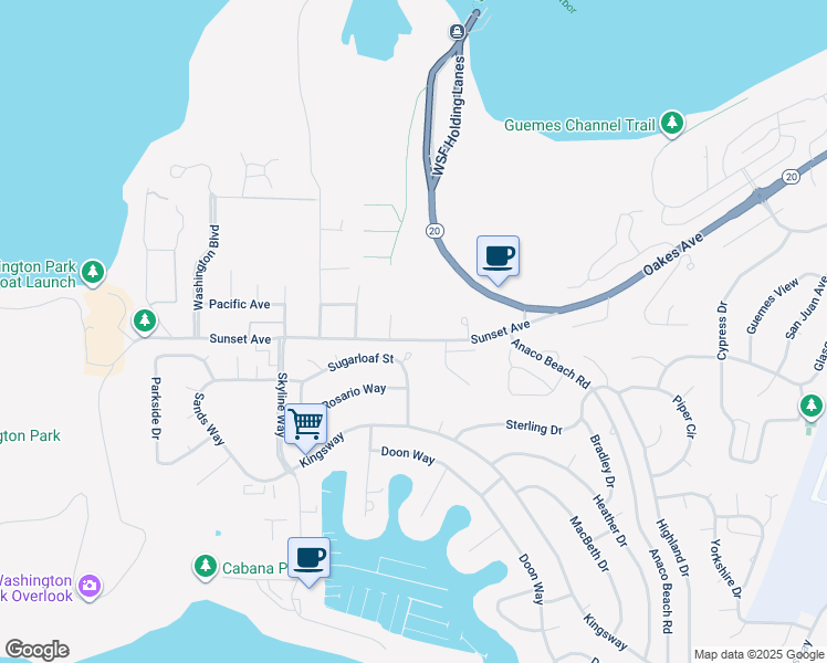map of restaurants, bars, coffee shops, grocery stores, and more near 5516 Sunset Avenue in Anacortes