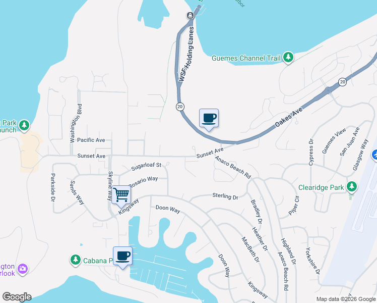 map of restaurants, bars, coffee shops, grocery stores, and more near 5404 Sunset Avenue in Anacortes