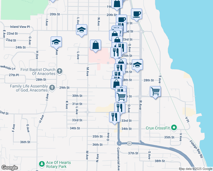 map of restaurants, bars, coffee shops, grocery stores, and more near 1104 29th Street in Anacortes