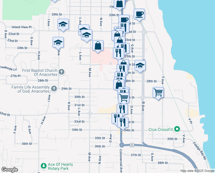 map of restaurants, bars, coffee shops, grocery stores, and more near 1103 28th Street in Anacortes