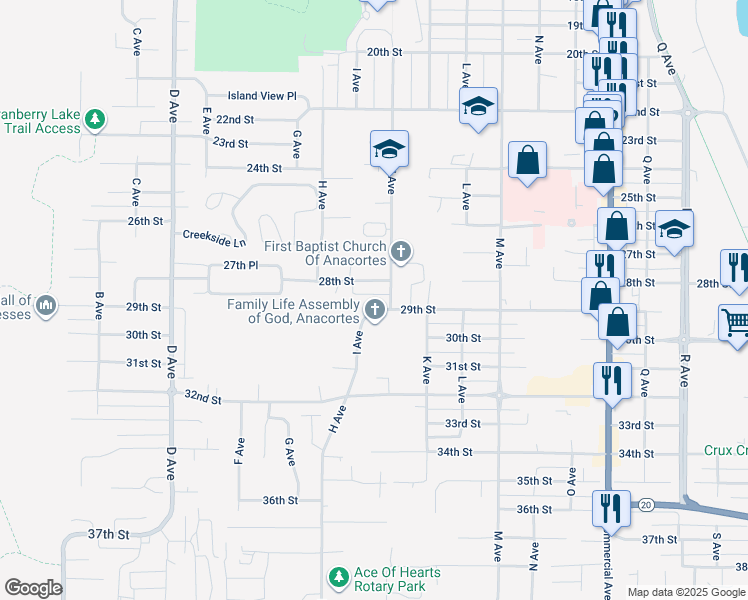 map of restaurants, bars, coffee shops, grocery stores, and more near 1604 29th Street in Anacortes