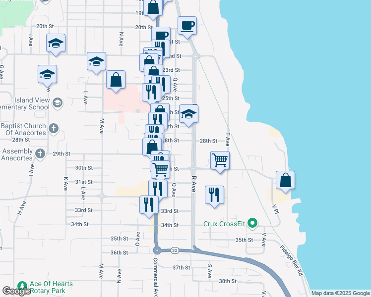 map of restaurants, bars, coffee shops, grocery stores, and more near 801-809 28th Street in Anacortes