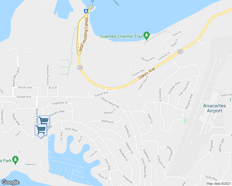 map of restaurants, bars, coffee shops, grocery stores, and more near 5103 Sunset Avenue in Anacortes