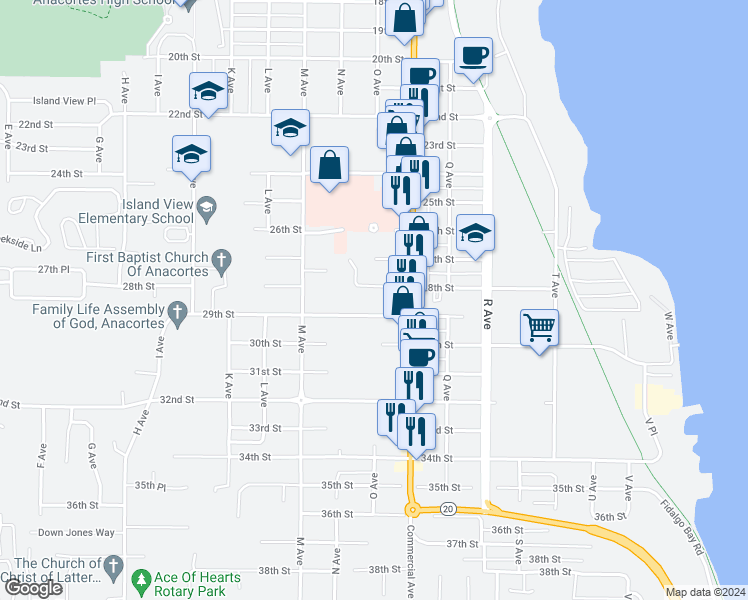 map of restaurants, bars, coffee shops, grocery stores, and more near 1103 28th Street in Anacortes
