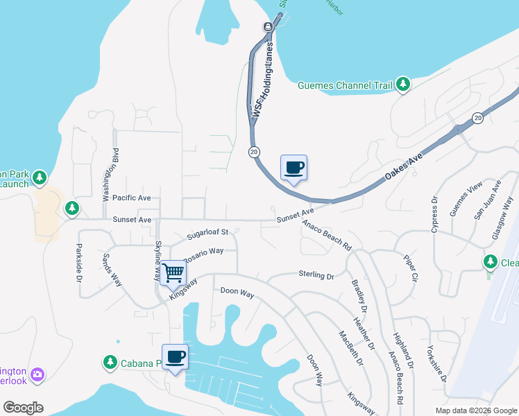 map of restaurants, bars, coffee shops, grocery stores, and more near 5404 Sunset Avenue in Anacortes