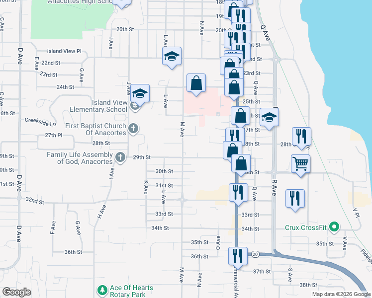 map of restaurants, bars, coffee shops, grocery stores, and more near 2805 M Avenue in Anacortes