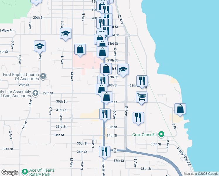 map of restaurants, bars, coffee shops, grocery stores, and more near 2801 Commercial Avenue in Anacortes