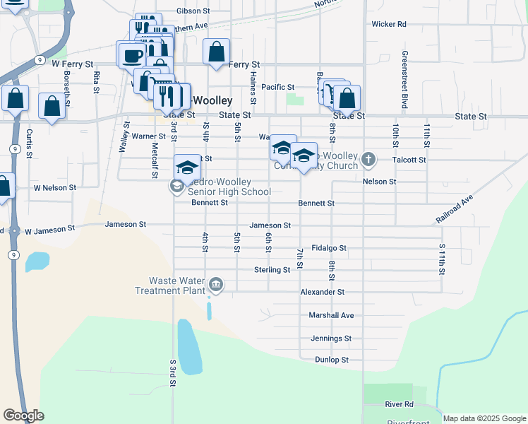 map of restaurants, bars, coffee shops, grocery stores, and more near 535 Bennett Street in Sedro-Woolley