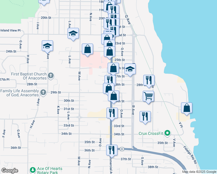 map of restaurants, bars, coffee shops, grocery stores, and more near 2802 Commercial Avenue in Anacortes