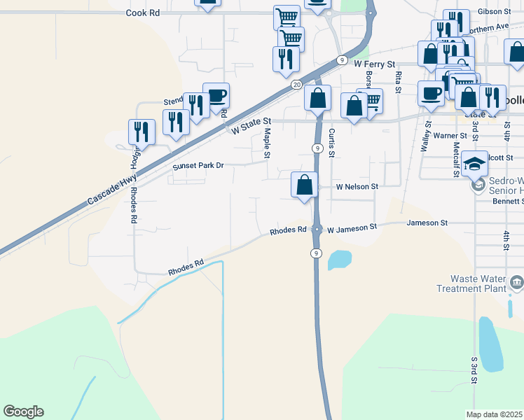 map of restaurants, bars, coffee shops, grocery stores, and more near 1305 Heather Place in Sedro-Woolley