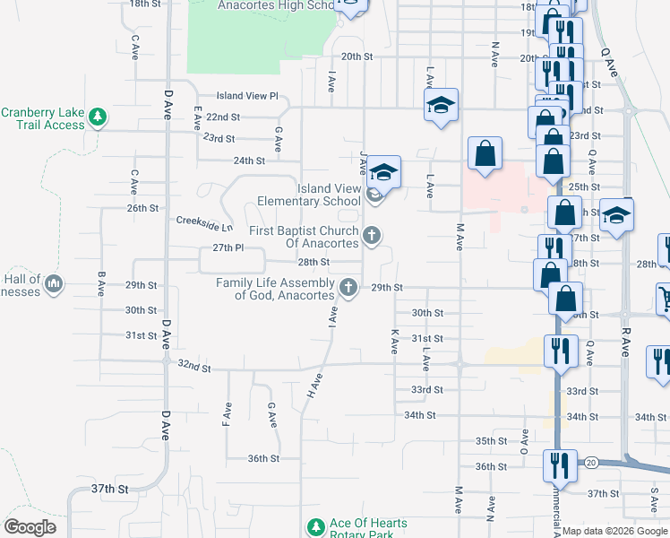 map of restaurants, bars, coffee shops, grocery stores, and more near 1617 28th Street in Anacortes