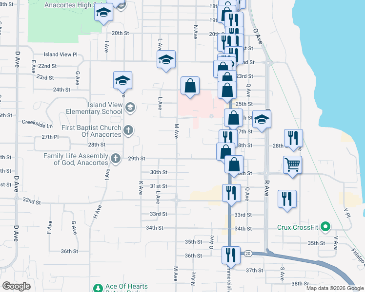 map of restaurants, bars, coffee shops, grocery stores, and more near 2805 M Avenue in Anacortes