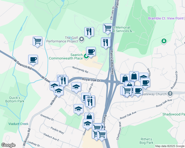 map of restaurants, bars, coffee shops, grocery stores, and more near 530 Normandy Road in Victoria
