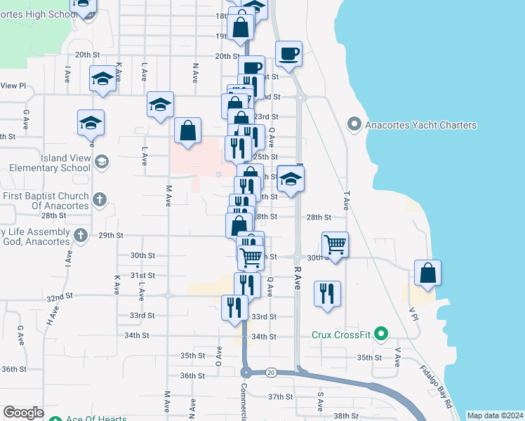 map of restaurants, bars, coffee shops, grocery stores, and more near 906 28th Street in Anacortes