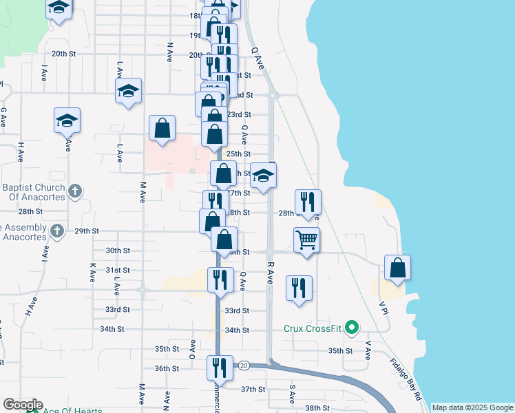 map of restaurants, bars, coffee shops, grocery stores, and more near 801-809 28th Street in Anacortes