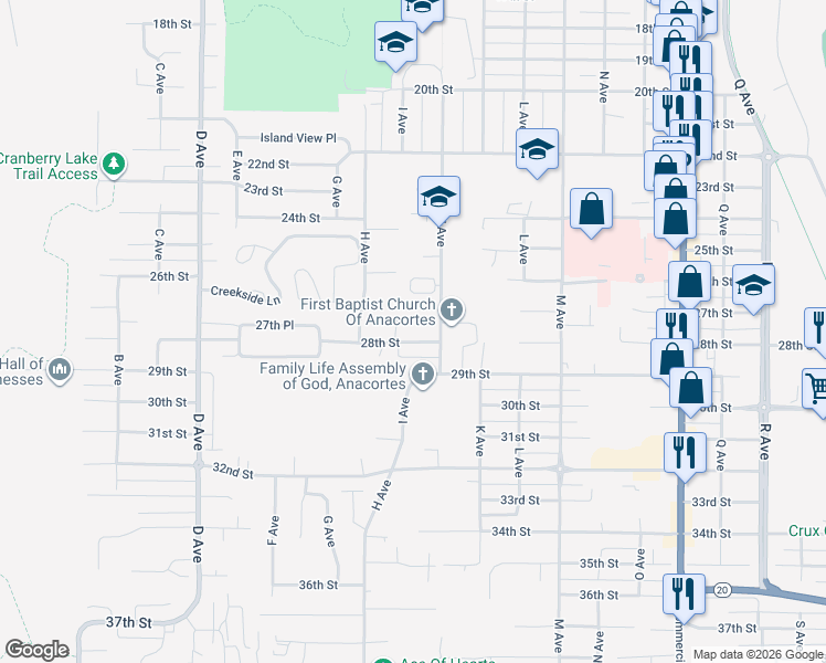 map of restaurants, bars, coffee shops, grocery stores, and more near 1617 28th Street in Anacortes
