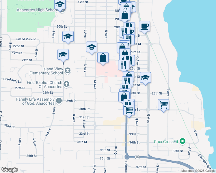map of restaurants, bars, coffee shops, grocery stores, and more near 1110 27th Court in Anacortes