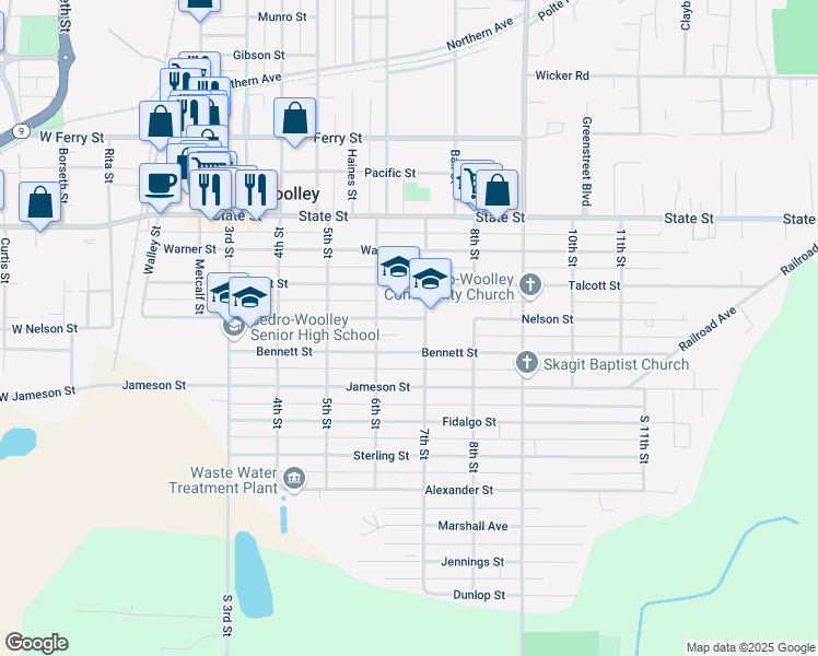 map of restaurants, bars, coffee shops, grocery stores, and more near 601 Talcott Street in Sedro-Woolley