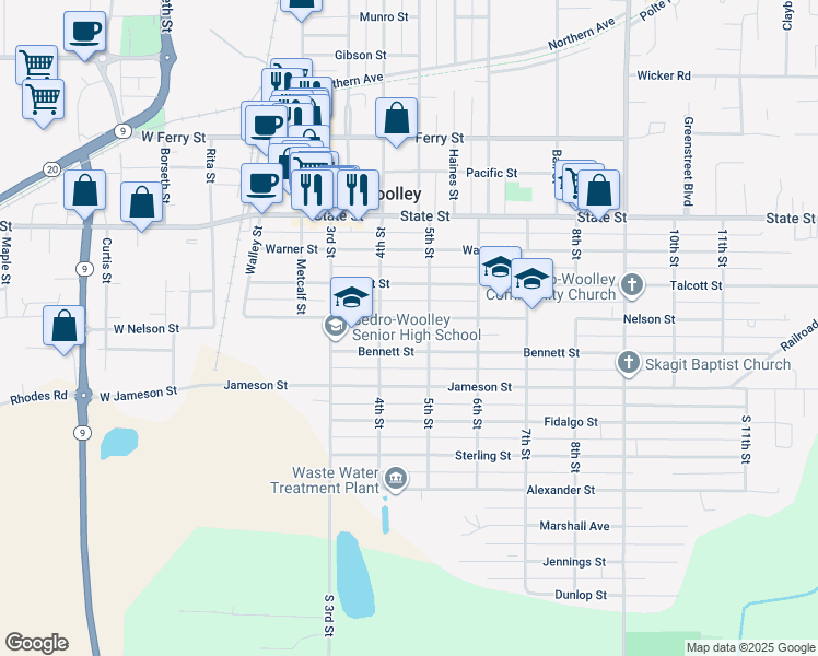 map of restaurants, bars, coffee shops, grocery stores, and more near 408 Nelson Street in Sedro-Woolley