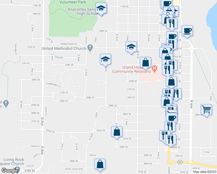 map of restaurants, bars, coffee shops, grocery stores, and more near 2701 J Avenue in Anacortes