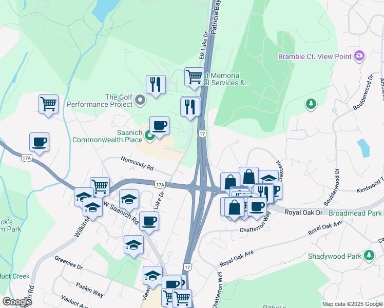 map of restaurants, bars, coffee shops, grocery stores, and more near 4635 Elk Lake Drive in Victoria