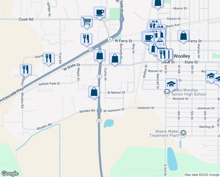 map of restaurants, bars, coffee shops, grocery stores, and more near 1121 Curtis Street in Sedro-Woolley