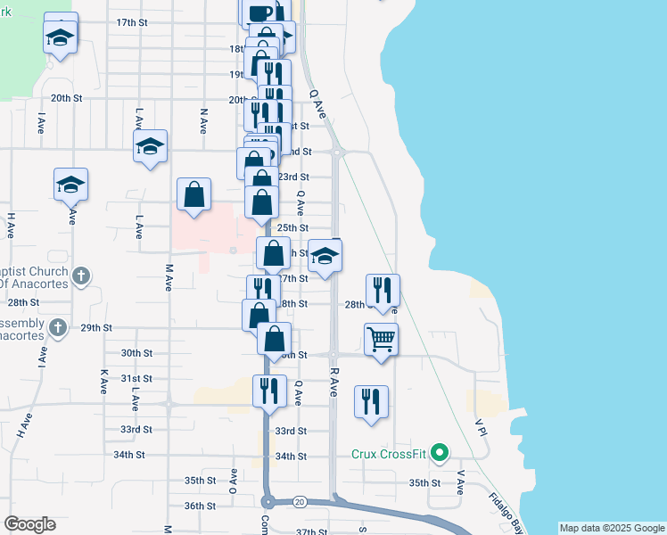 map of restaurants, bars, coffee shops, grocery stores, and more near 2604 R Avenue in Anacortes