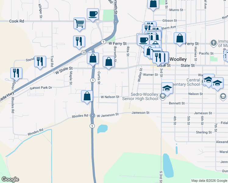 map of restaurants, bars, coffee shops, grocery stores, and more near 1106 Borseth Street in Sedro-Woolley
