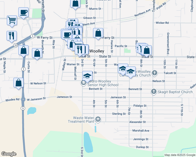 map of restaurants, bars, coffee shops, grocery stores, and more near 408 Nelson Street in Sedro-Woolley