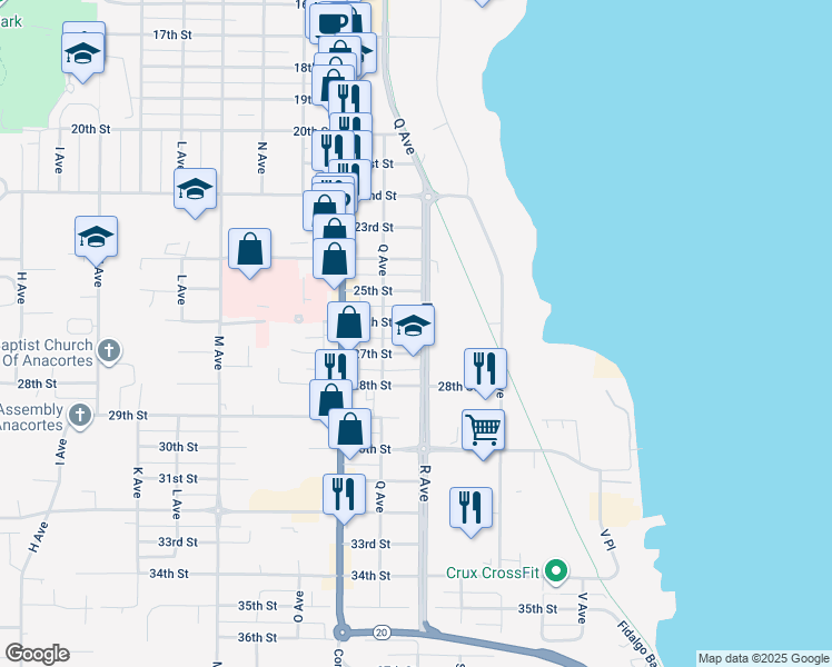 map of restaurants, bars, coffee shops, grocery stores, and more near 2604 R Avenue in Anacortes