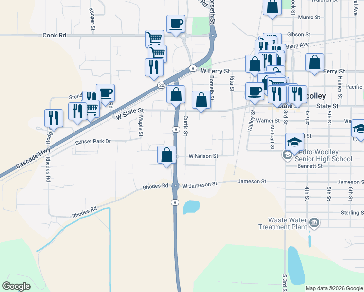 map of restaurants, bars, coffee shops, grocery stores, and more near 1120 Curtis Street in Sedro-Woolley