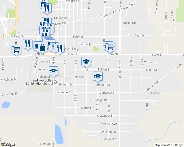 map of restaurants, bars, coffee shops, grocery stores, and more near 601 Talcott St in Sedro-Woolley