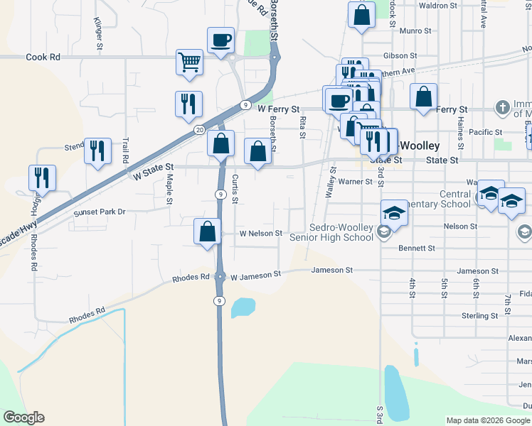 map of restaurants, bars, coffee shops, grocery stores, and more near 1106 Borseth Street in Sedro-Woolley