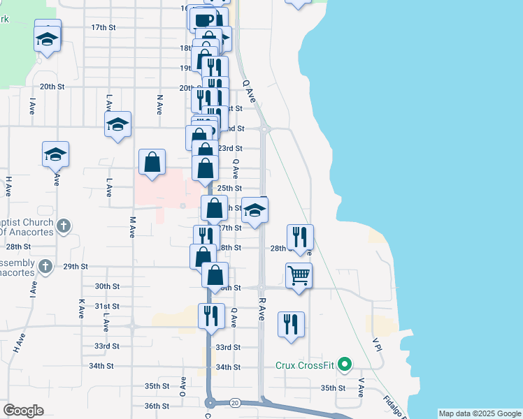 map of restaurants, bars, coffee shops, grocery stores, and more near 2604 R Avenue in Anacortes