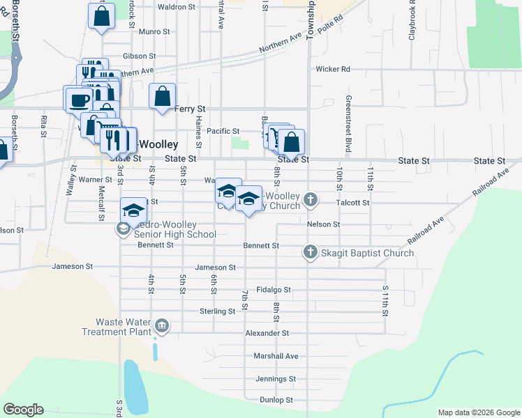 map of restaurants, bars, coffee shops, grocery stores, and more near 715 Talcott Street in Sedro-Woolley