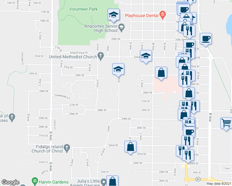 map of restaurants, bars, coffee shops, grocery stores, and more near 1601 26th Circle in Anacortes