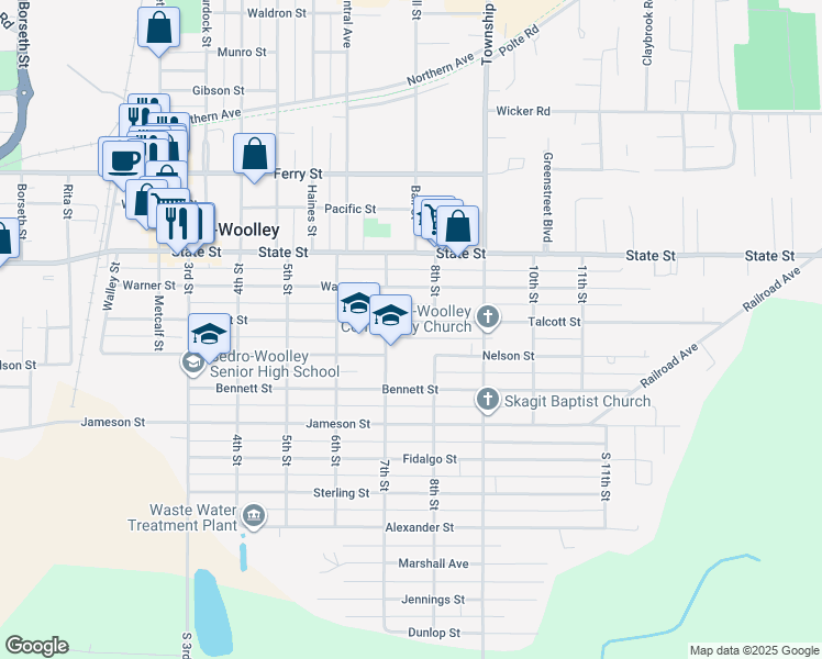 map of restaurants, bars, coffee shops, grocery stores, and more near 715 Talcott Street in Sedro-Woolley