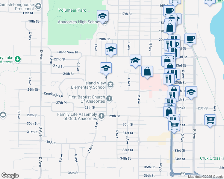 map of restaurants, bars, coffee shops, grocery stores, and more near 2501 J Avenue in Anacortes