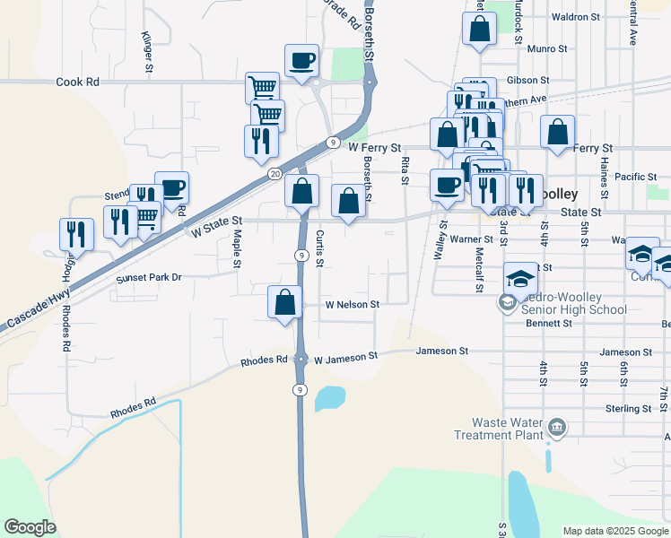 map of restaurants, bars, coffee shops, grocery stores, and more near 1121 Curtis Street in Sedro-Woolley