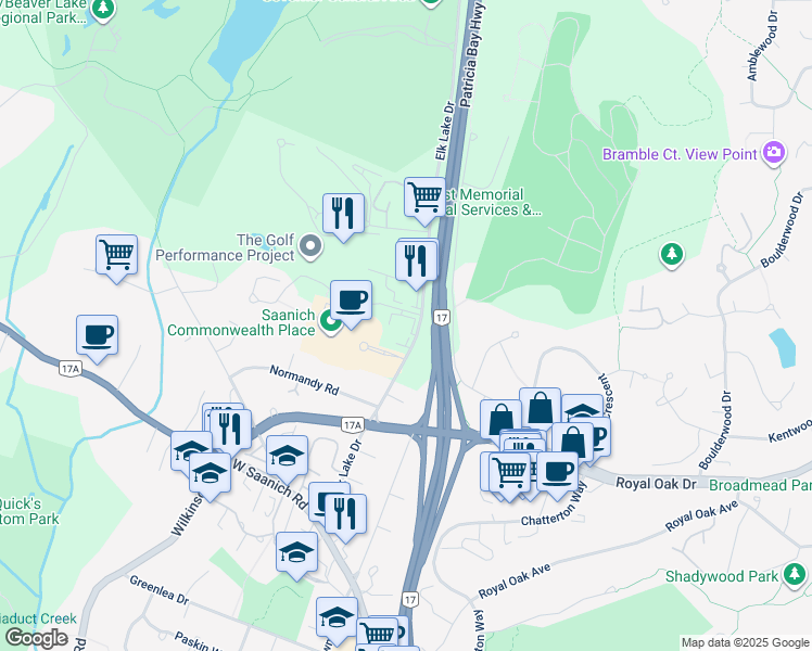 map of restaurants, bars, coffee shops, grocery stores, and more near 4635 Elk Lake Drive in Victoria