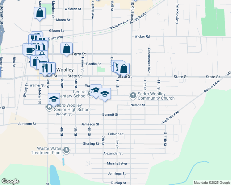 map of restaurants, bars, coffee shops, grocery stores, and more near 808 Warner Street in Sedro-Woolley